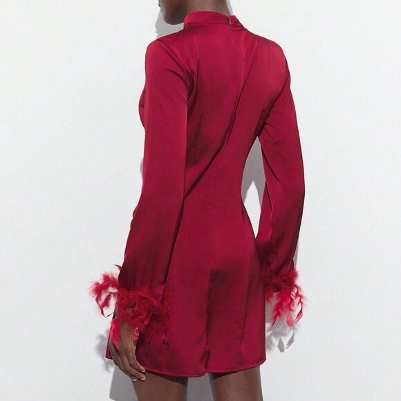 Burgundy Elegant Women's Hollow Feather Cuff Ruched Dress - Picture 5 of 6